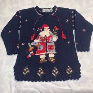 Belle Pointe Vintage Christmas Santa Sweater Sz M Navy Tassels Embroidery EUC